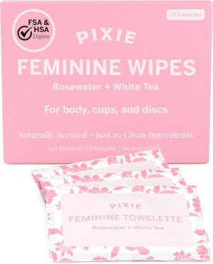 Pixie Feminine Wipes – Naturally Scented Rosewater + White Tea – Flushable, Biodegradable & pH Balanced – Individually Wrapped Wipes for On The Go – Cleaner for Menstrual Cups & Discs (10 Count)