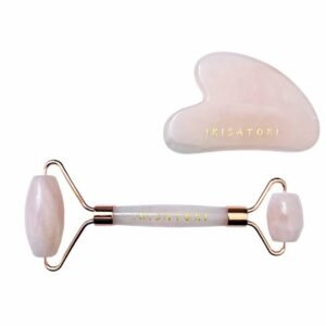 Rose Quartz Natural Stone Curved Facial Roller & Guasha Set – Jade Facial Massage and Face Sculpting Tool by Ikisatori (Rose Quartz)