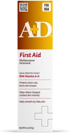 A+D First Aid Multipurpose Healing Ointment – Moisturizing Skin Protectant for Dry Cracked Heels, Elbows, Hands and Lips – Protects Minor Cuts, Burns, & Scrapes – 4 oz Tube