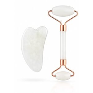 White Jade Roller & Gua Sha Facial Tools Set – Natural White Stone Face Roller for Upper Face & Gua Sha for Jawline Sculpting, Lifting & Reducing Puffiness | Cooling Skincare Tool for Women (White)