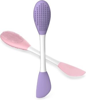 Silicone Pore Cleansing Brush Set, 2PCs Face Mask Applicator Spatula & Facial Massage Tool, Multi-Function Soft Silicone Pore Brush Face Scrubber for Skincare Routine, Pink & Purple