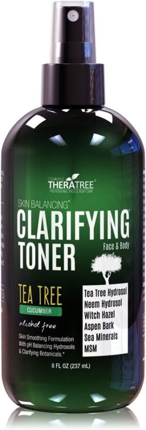 TheraTree Clarifying Toner with MSM, Tea Tree & Neem Hydrosol – Alcohol-Free Complexion Control for Face & Body – Reduces Appearance of Pores & Controls Oil – 8 Fl Oz