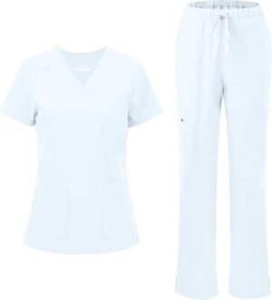 floralhue Scrubs for Women, V-Neck Scrubs Top & Cargo Pants with 12 Pockets, Yoga Waistband, 4 Way Stretch