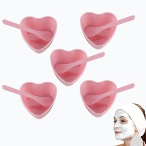 5 Sets Plastic Heart-Shaped Facial Mask Mixing Bowl with Spatula – Mud Mask Mixing Bowl DIY Skincare Tools for Women, Home & Professional Beauty Salon Use (Pink)