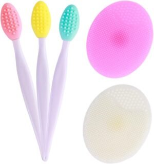 5 Pcs Mini Exfoliating Brush Set – 2 Pcs Silicone Facial Cleansing Brush and 3 Pcs Lip Scrub Brush