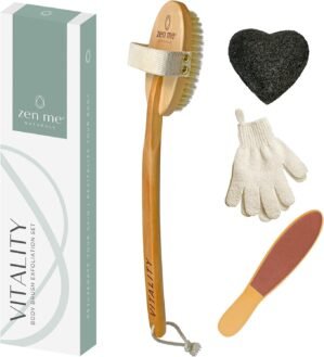 Dry Brushing Body Brush Set by Zen Me – Natural Exfoliation Kit with Premium Boar Bristle Brush, Shower Gloves, Konjac Facial Sponge & Foot File – for Lymphatic Drainage – Great Gift Set