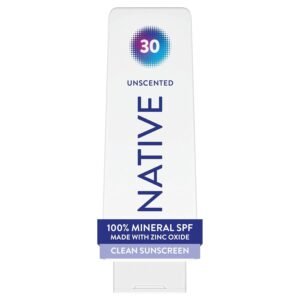 Native Mineral Sunscreen Lotion SPF 30, Unscented, with 100% Mineral Zinc Oxide for Face & Body, Hawaii Compliant, Vegan, No White Cast – 7 oz