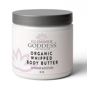 Glimmer Goddess Organic Whipped Body Butter for Women – Moisturizer Cream with Shea & Cocoa Butter, Almonds & Coconut Oil – Unscented, 8oz