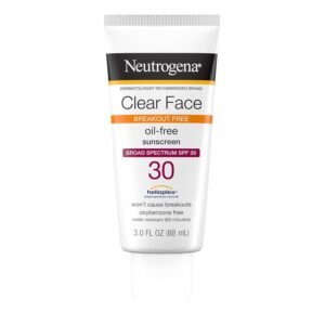 Neutrogena Clear Face Sunscreen for Acne-Prone Skin SPF 30, Broad Spectrum Facial Sunscreen Lotion, Lightweight, Non Comedogenic, Oil-, Fragrance- & Oxybenzone-Free Water Resistant (80 min), 3 fl. oz