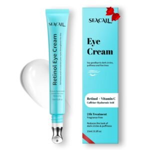 Retinol Eye Cream, Anti Aging Under Eye Cream with Caffeine, Vitamin C & Hyaluronic Acid, Cool Massage Head Eye Serum Fades Dark Circles Puffiness Wrinkles, 15ml Portable Eye Cream for Women