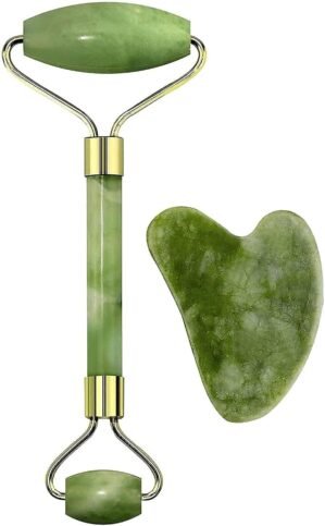 Jade Roller & Gua Sha Set – 100% Natural Jade Stone Face Massager | Cooling Facial Tool for Skin Tightening, Anti-Aging, Puffiness & Lymphatic Drainage | Skincare Gift for Women
