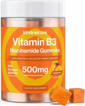 kindnature Vitamin B3 Niacinamide Gummies 500mg – Flush-Free Niacin Supplement – Supports Skin, Energy & Nervous System Wellness – Vegan, Non-GMO, Gluten-Free, Soy-Free – 90 Gummies