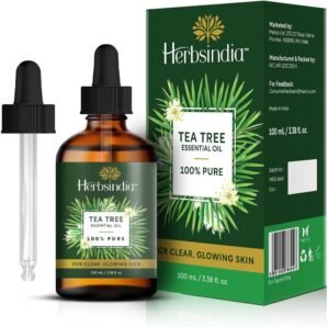 HerbsIndia Tea Tree Essential Oil for Skin – Huge 3.3 Fl Oz – 100% Pure – Premium Grade with Glass Dropper, Undiluted, Non-GMO