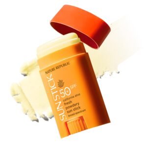 Nature Republic California Aloe Fresh Powdery Sun Stick Broad Spectrum SPF50+ | Korean Sunscreen, Travel Size Sunblock Stick, No White Cast, Non-Sticky, Water-Resistant, 0.71 oz / 21 g