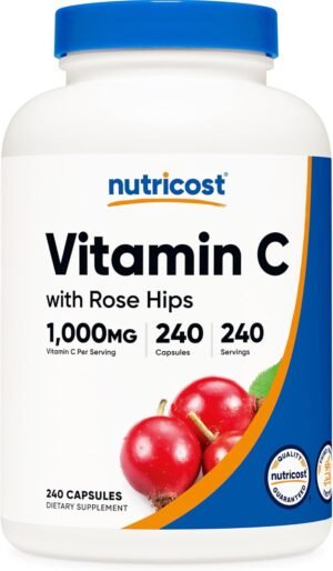 Nutricost Vitamin C with Rose Hips 1025mg, 240 Capsules – Vitamin C 1,000mg, Rose Hips 25mg, Premium, Non-GMO, Gluten Free Supplement