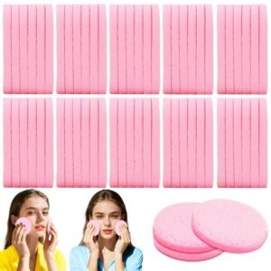120 Pcs Facial Sponges Compressed,Face Cleansing Sponge,Makeup Removal Sponge Pads,Exfoliating Wash Round Sponge for Women,Girls,Pink