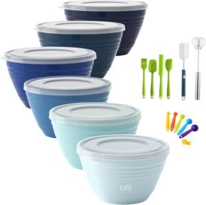LISI 23Pcs Mixing Bowls Set with Lids, Airtight BPA-Free Nesting Bowls for Mixing, Baking, Cooking & Storage, Dishwasher Safe Serving Bowl, Includes Spatula, Spoons, Brush & Whisk