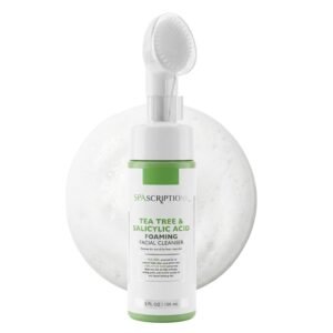 SpaScriptions 2 in 1 Cleanse & Exfoliate Foaming Facial Cleanser – Tea Tree & Salicylic Acid Face Wash with Silicone Brush for Acne & Pores with Oil Control for Daily Cleansing, All Skin Types, 5 oz