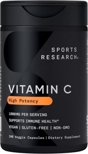 Sports Research High Potency Vitamin C Supplement – Vegan Veggie Capsules for Antioxidant Activity & Immune Support – Non-GMO Verified & Gluten Free – Ascorbic Acid Vitamin C 1000mg, 240 Count