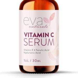 Eva Naturals Vitamin C Serum for Face – 20% Vit C with Hyaluronic Acid, Ferulic Acid & Vitamin E – Facial Serum for Dark Spots, Acne, Anti Aging, Glow & Even Skin Tone, 1 oz