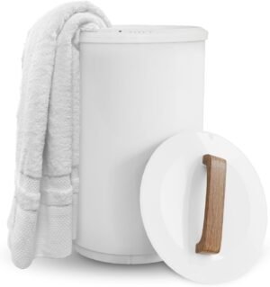 SAMEAT Heated Towel Warmers for Bathroom – Large Towel Warmer Bucket, Wood Handle, Auto Shut Off, Fits Up to Two 40″X70″ Oversized Towels, White