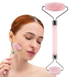 Plum Beauty Rose Quartz Face Roller – Gua Sha Facial Tools, Jade Rollers for Face, Skin Care Kit for Men Women, Guasha Tools for Faces, Facial Care Reduces Under-Eye Puffiness and Dark Circles