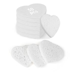 50-Count Heart Shape Compressed Facial Sponges,100% Natural Cellulose Face Sponge Spa Sponges for Removing Dead Skin, Dirt and Makeup(White)