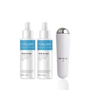 ALK Serum 2-Pack (60ml Each) – 14% Azelaic Acid, 2% Lactic Acid & 2% Kojic Acid – Gentle Exfoliation & Hydrating Formula with Facial Massager – Non-Irritating Serum for All Skin Types – 120ml Total