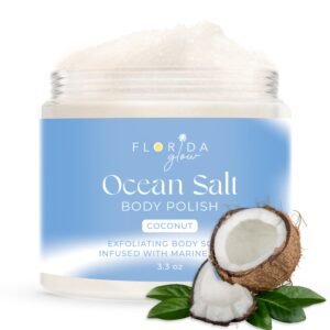 Sea Salt Body Scrub by Florida Suncare – Ocean Salt Body Polish Infused with Marine Algae – Exfoliating Face and Body Scrub – Facial Scrub Exfoliator to Tackle Acne (Coconut, 3.3 oz)