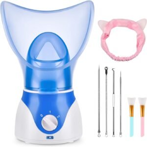 Face Steamer for Facial Deep Cleaning, Facial Steamer for Women, 2 Modes Nano Ionic Facial Steamer for Unclogs Pores, Hydrating, Blue(Include Blackhead Remover Kit, Brush, Headband)