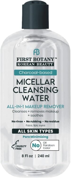 Korean Micellar Water Makeup Remover – Charcoal Hydrating Toner and Cleanser, Pore Cleansing,Oil-Free, Gentle for All Skin Types 8 oz,