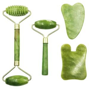 4-PCS Gua Sha Set, Skin Care Roller, Jade Roller Set, Face Stone Facial Roller Massage Tool for Face Eyes Neck Body, Smooth Wrinkles & Eye Puffiness(Green)