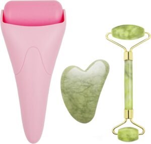 3 in 1 Ficial Face Ice Jade Roller and Gua Sha Tool, Natural Real Jade Anti-Wrinkle Face Eye Neck Massager Tool, Reduce Wrinkles, Puffiness, Migraine, Redness, Pain and Injury，Pink