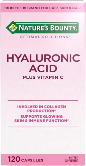 Nature’s Bounty Vitamin C and Hyaluronic Acid Supplement, Supports Glowing Skin, Immune Function & Collagen Production, 120 Capsules – 60 Day Supply, Optimal Solutions Supplements for Skin Health