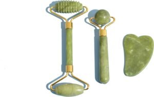 3 in 1 Jade Roller & Gua Sha Set – Natural Jade Facial Massager with Textured Roller, Anti Aging Skincare Tools for Face, Eye, Neck Massage, Promote Serum Absorption, Bester Gift for Women & Men