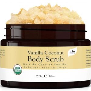 Organic Vanilla Coconut Body Scrub – USA Made Sugar Scrub with Natural Ingredients, Moisturizing Body & Foot Exfoliator for Dry and Sensitive Skin, Removes Dead Skin Cells & Reduces Ingrown Hair