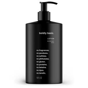 Boldly Basic Fragrance Free Lotion – Moisturizer for Dry and Sensitive Skin – Non Greasy – Unscented – Dermatologist Tested – No Sulfates, Parabens or Gluten – Hypoallergenic & Moisturizing (16 oz)