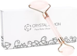 C CRYSTAL LEMON Rose Quartz Facial Roller for Face and Neck, Dual-End Natural Stone Face Roller, Cooling Massage Tool for Puffiness Appearance, Smooth Rolling Skincare Accessory