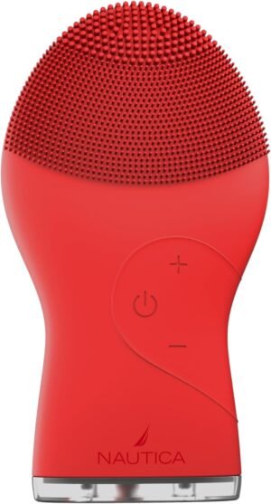 Nautica PC120 Facial Cleansing Brush Made with Ultra-Hygienic Soft Silicone, Waterproof, Rechargeable Vibrating Face Exfoliator Scrub Brush with Sonic Technology for Men & Women – Dancing Red