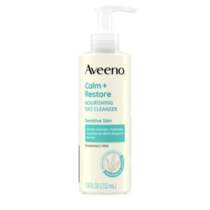 Aveeno Calm + Restore Nourishing Oat Cleanser, Daily Hydrating Facial Cleanser & Face Wash for Sensitive Skin, Non-Foaming, Hypoallergenic, Non-Comedogenic, Fragrance-Free, with Feverfew, 7.8 fl oz