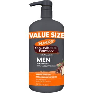 Palmer’s Cocoa Butter Formula Men’s Face Moisturizer & Body Lotion for Dry Skin, 33.8 oz, 3-in-1 Fast Absorbing Lotion for Men, 48-Hr Hydration with Vitamin E, Soothes Dryness, Dermatologist Approved