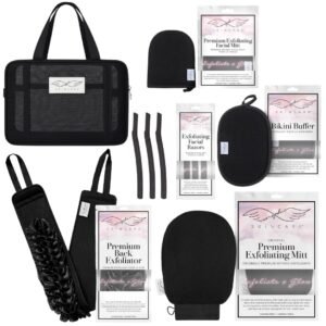 Seraphic Skincare Premium 6pc Exfoliating Kit for Women – Exfoliation Set with Body & Face Exfoliating Glove, Facial Razors, Bikini Scrubber, Back Exfoliator & Travel Tote – Smooth & Soft Skin at Home