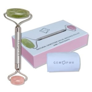 Rose Quartz + Jade Roller for Face and Neck Massage, Dual Gemstones with Durable Steel Handle and Travel Bag. Minimize Wrinkles, Reduce Puffiness and Restore Skin’s Elasticity and Radiance