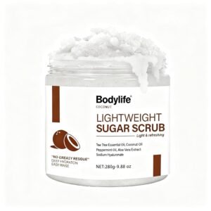 Coconut Sugar Scrub for Body Face & Feet – Suitable for Sensitive Skin, Vegan Natural Non-Greasy with Coconut Oil & Aloe Vera, Gentle Moisturizing Exfoliator（9.88 Oz）
