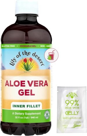 Lily of The Desert Aloe Vera Gel – Inner Fillet Filtered Drink with Natural Vitamins, Digestive Enzymes for Gut Health, Stomach Relief, Wellness, Glowing Skin, 32 Fl Oz, Gelly Sachet Included.