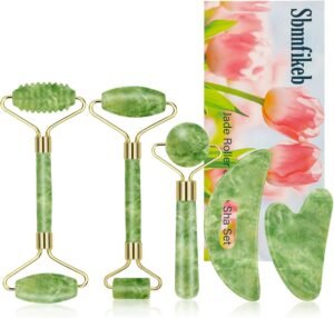 5Pcs Jade Roller & Gua Sha Facial Tool Set, Natural XiuYan Stone Face Roller and Gua Sha Board Kit, Portable Manual Skincare Massage Tools for Full Body Relax, Self-Care Gift for Women