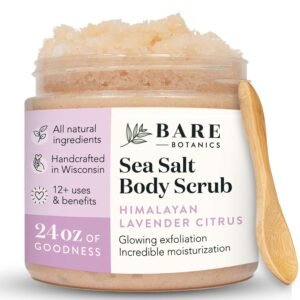 Bare Botanics 24oz Lavender Citrus Himalayan Sea Salt Body Scrub | Non-toxic, Vegan & Cruelty-free | Made in Madison, WI | Full Body Exfoliator & Hydrating Moisturizer with a Cute Wooden Spoon