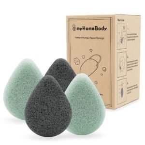 myHomeBody Natural Konjac Facial Sponges – Teardrop Shape – for Gentle Face Cleansing and Exfoliation – with Activated Charcoal and Aloe Vera, Set of 4