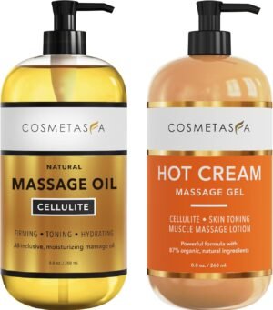 Cellulite Massage Oil & Hot Cream – 100% Natural Cellulite Oil & Gel, Highly Absorbable, Firm, Tone, Tighten & Moisturize Skin – Soothes Muscles (8.8 Fl Oz Each Bottle)