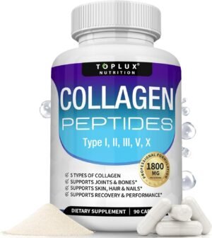 Toplux Multi Collagen Peptides Pills 1800 Mg Complex – Type I, II, III, V, X Premium Collagen Complex for Better Skin & Hair, Strong Joint, Hydrolyzed Protein, for Men Women, 90 Capsules, Supplement